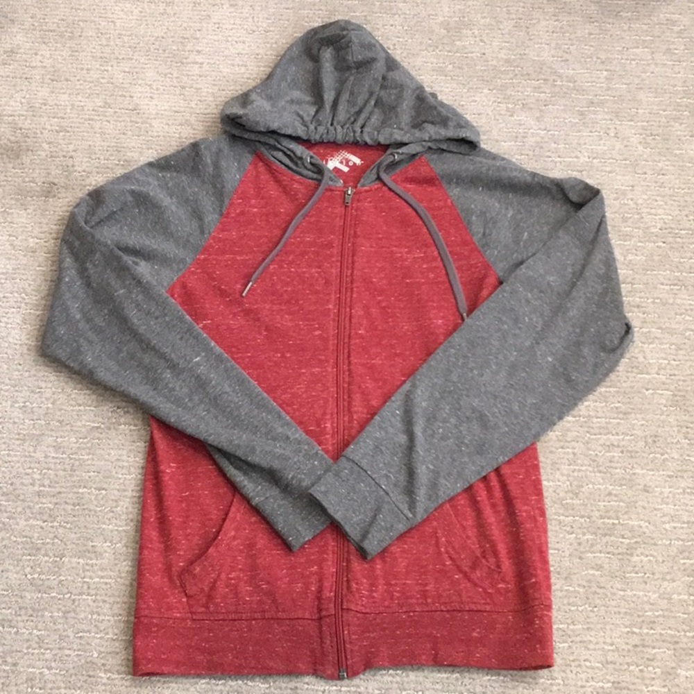 Men’s Size Small Zip Hoodie, Heather Gray/Red